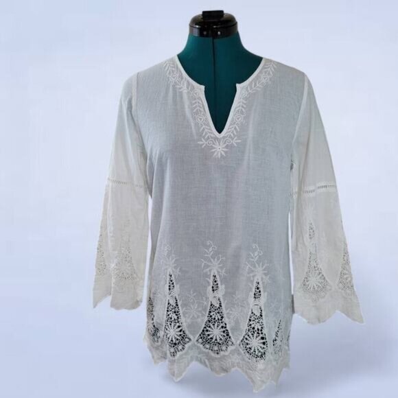Joie Kaftan Inspired Blouse with Crochet Lace Trim - Size Large - Picture 1 of 8